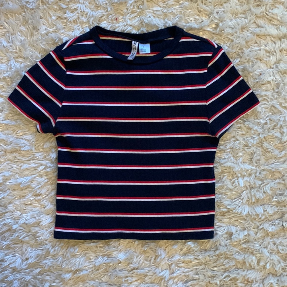 H&M cropped navy blue shirt with red and white stripes